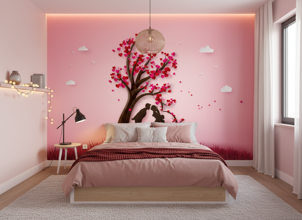 Papier peint romantique couple sous arbre aux coeurs roses - Chambre ado