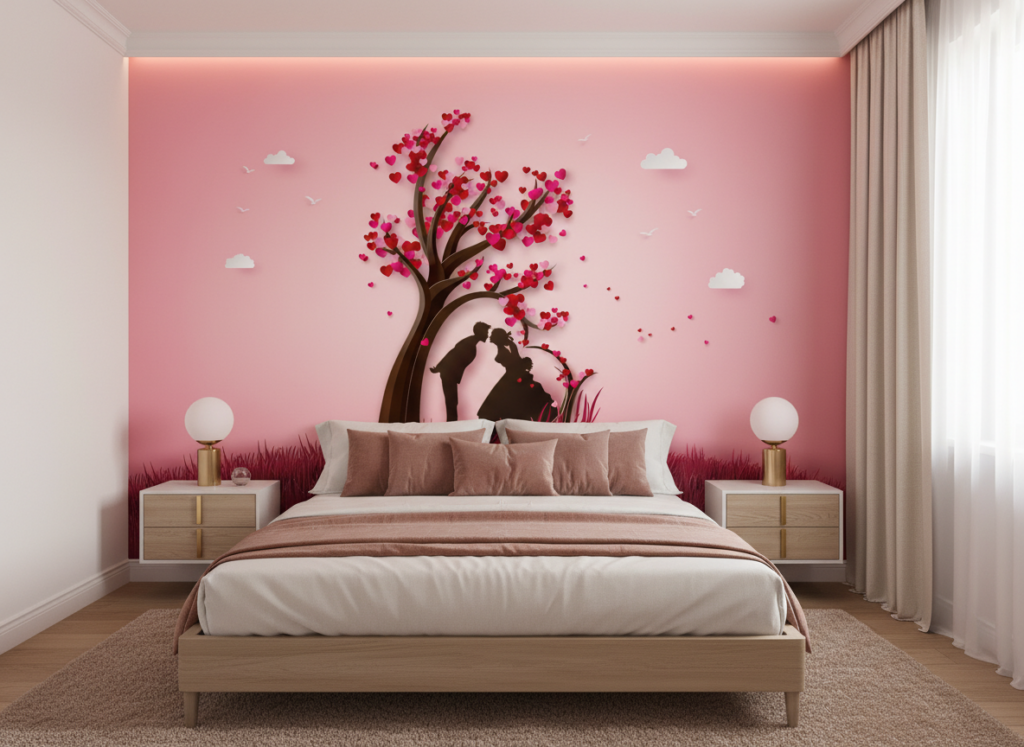 Papier peint romantique couple sous arbre aux coeurs roses - Chambre adulte