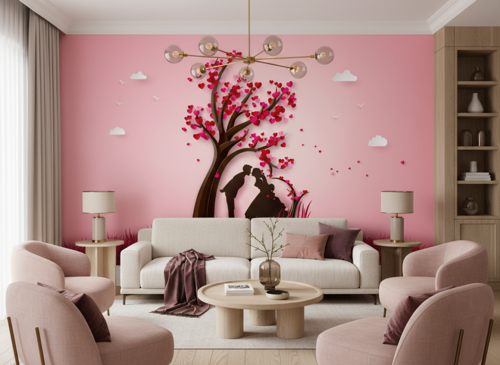 Papier peint romantique couple sous arbre aux coeurs roses - Salon / Séjour