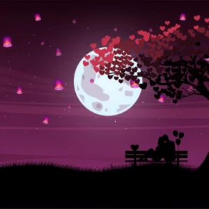 Lune Romantique et Couple sous Arbre aux Coeurs Violets