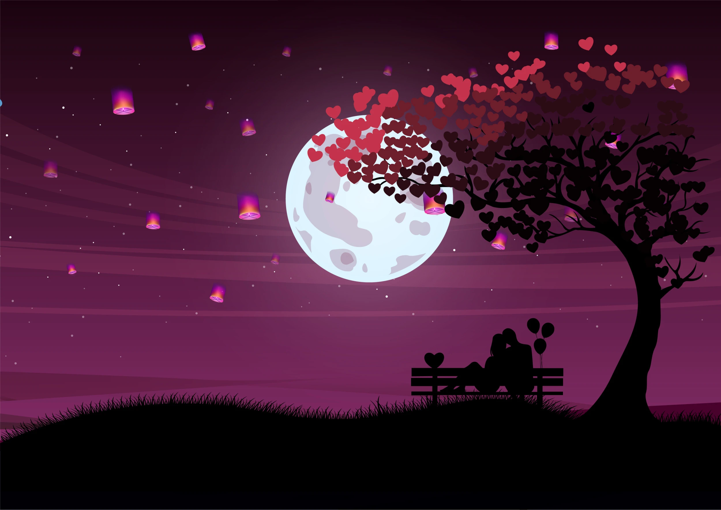 Lune Romantique et Couple sous Arbre aux Coeurs Violets