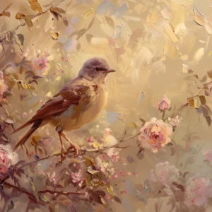 Papier peint romantique oiseau sur branche fleurie tons dorés rosés