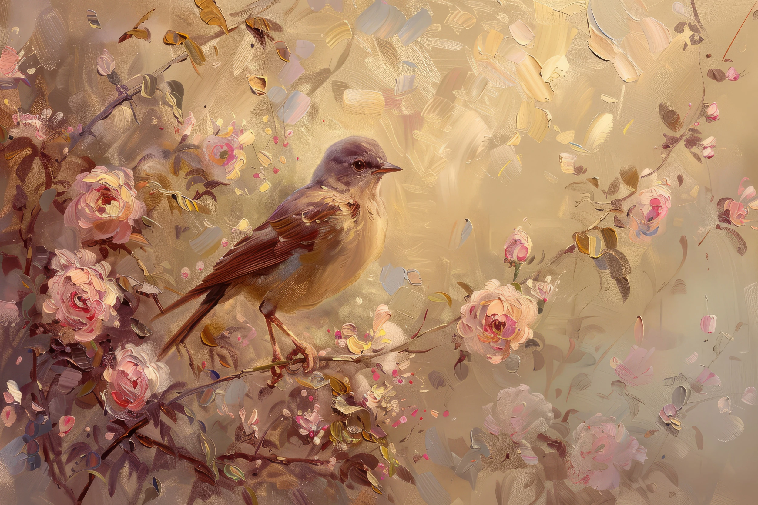 Papier peint romantique oiseau sur branche fleurie tons dorés rosés