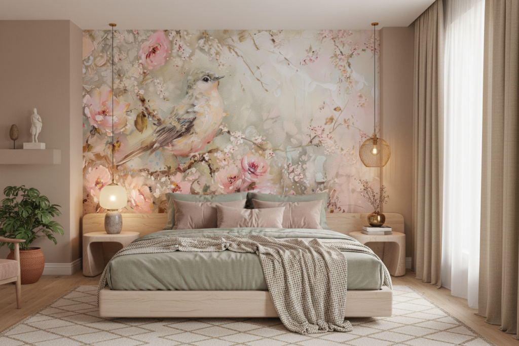 Papier Peint Romantique Oiseau et Fleurs Rose Pastel - Chambre adulte
