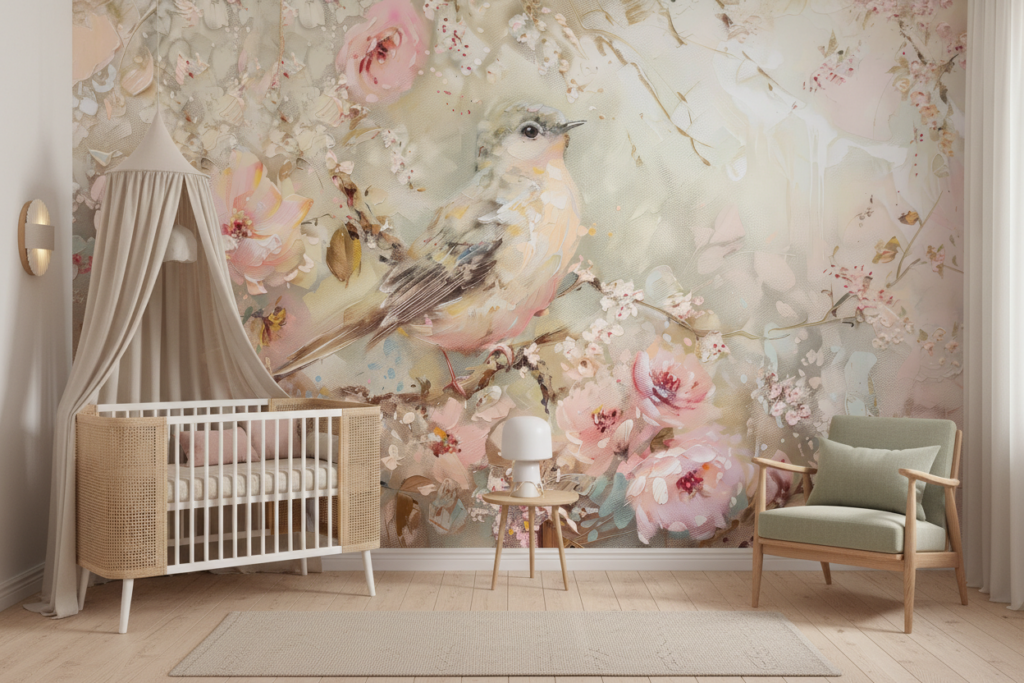 Papier Peint Romantique Oiseau et Fleurs Rose Pastel - Chambre bébé