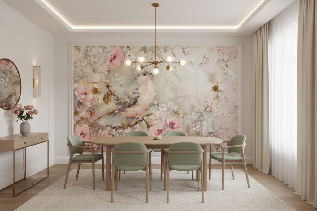 Papier Peint Romantique Oiseau et Fleurs Rose Pastel - Salle à manger