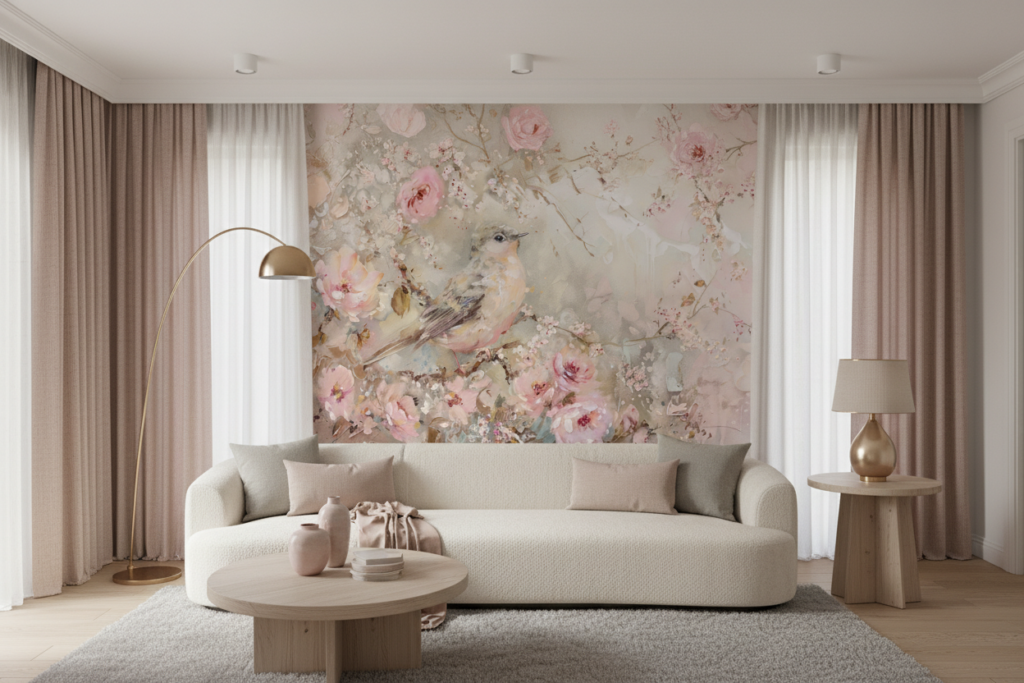 Papier Peint Romantique Oiseau et Fleurs Rose Pastel - Salon / Séjour