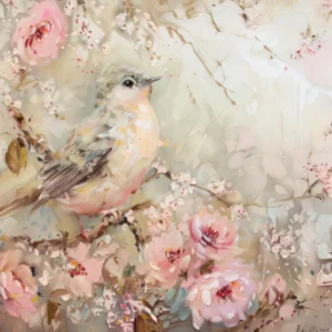 Papier Peint Romantique Oiseau et Fleurs Rose Pastel