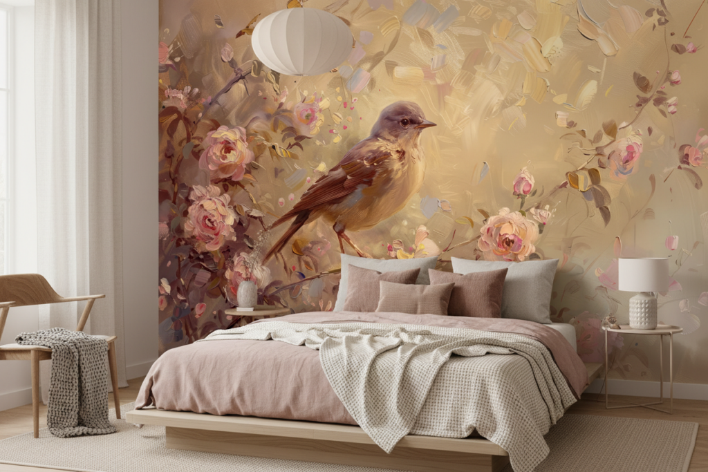 Papier peint romantique oiseau sur branche fleurie tons dorés rosés - Chambre ado