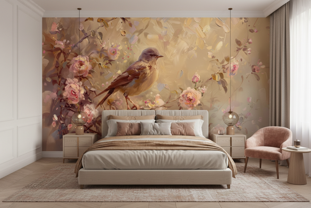 Papier peint romantique oiseau sur branche fleurie tons dorés rosés - Chambre adulte