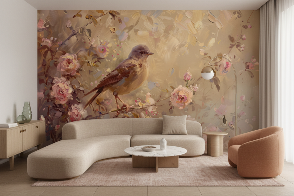 Papier peint romantique oiseau sur branche fleurie tons dorés rosés - Salon / Séjour
