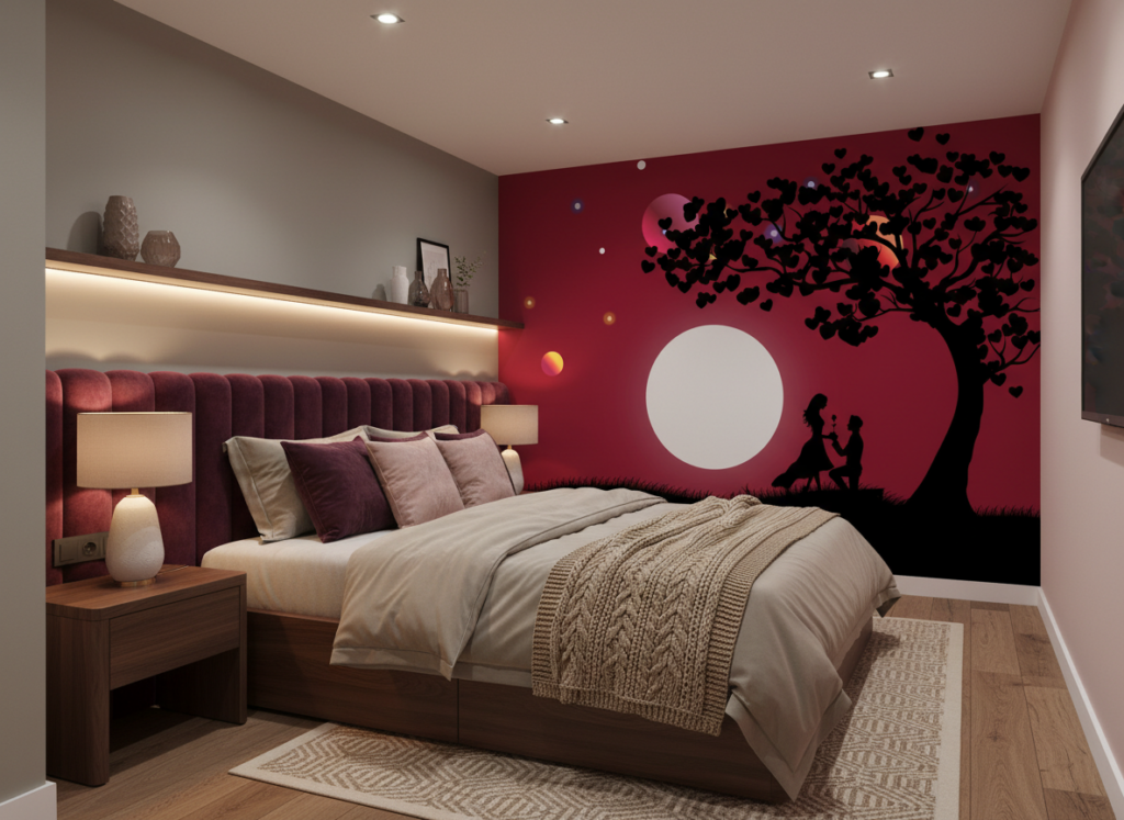 Papier Peint Romantique Silhouette Couple sous Arbre Coeurs Lune Rouge - Chambre ado
