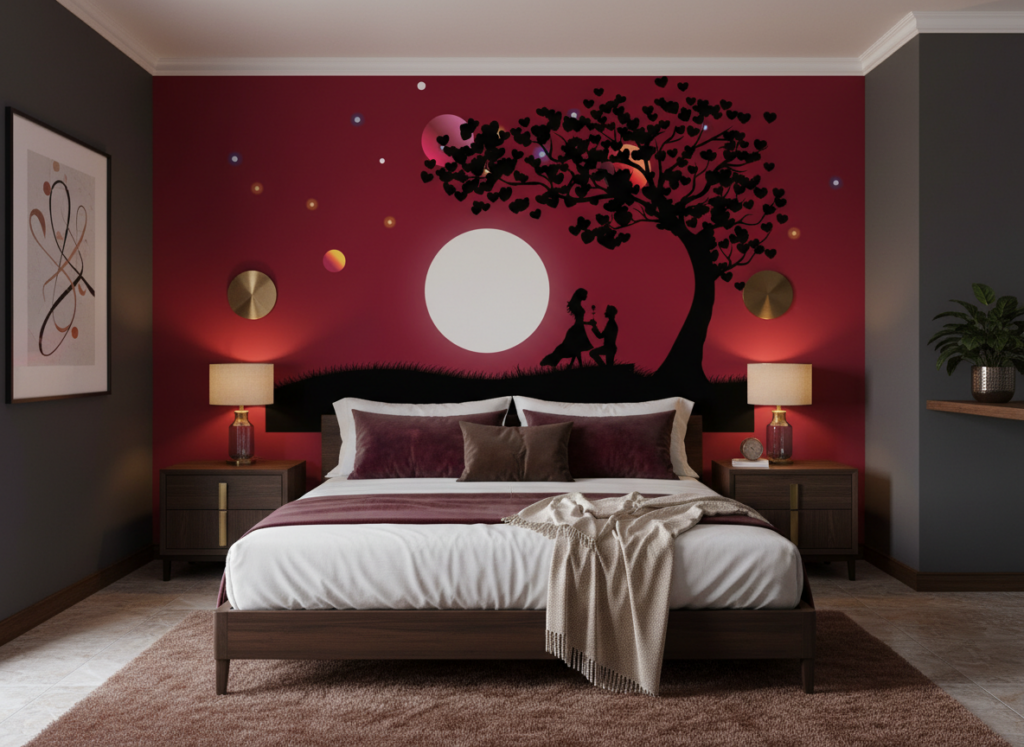 Papier Peint Romantique Silhouette Couple sous Arbre Coeurs Lune Rouge - Chambre adulte