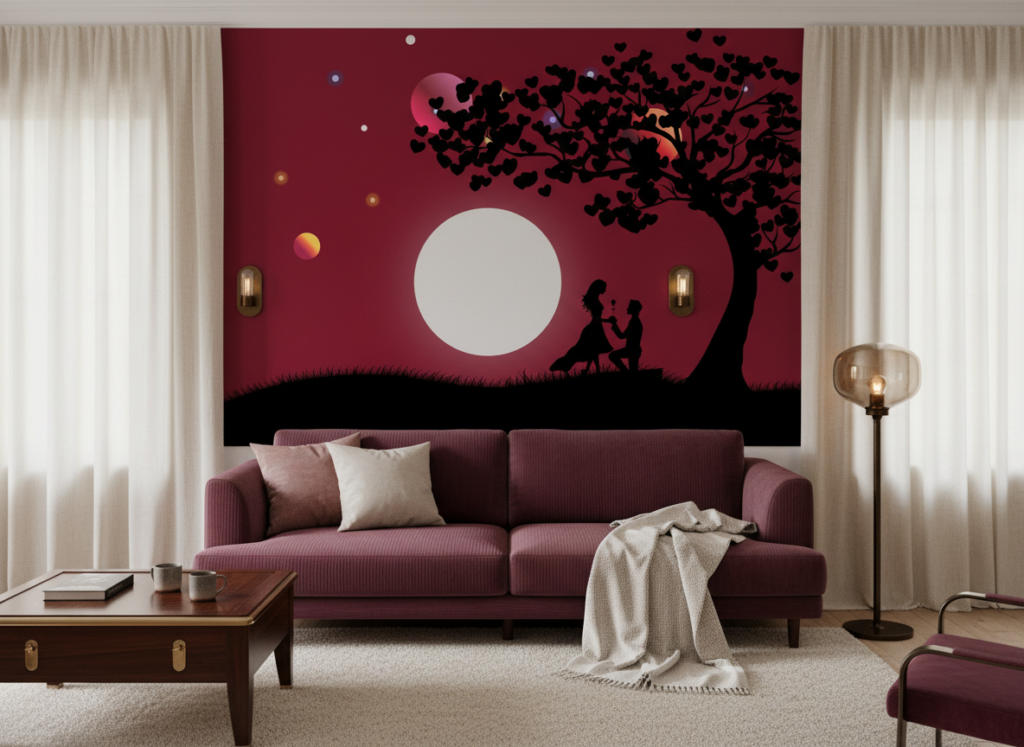 Papier Peint Romantique Silhouette Couple sous Arbre Coeurs Lune Rouge - Salon / Séjour