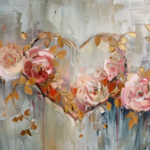 Papier peint artistique roses aquarelles dorées sur fond abstrait bleu gris