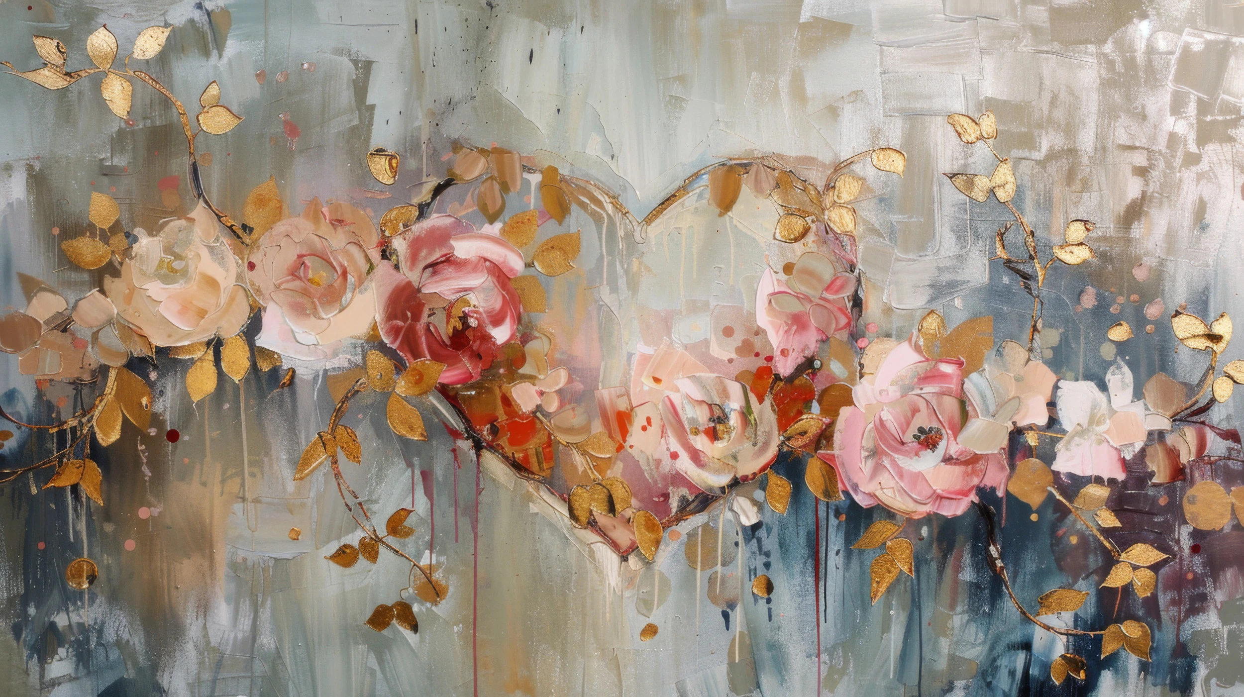 Papier peint artistique roses aquarelles dorées sur fond abstrait bleu gris