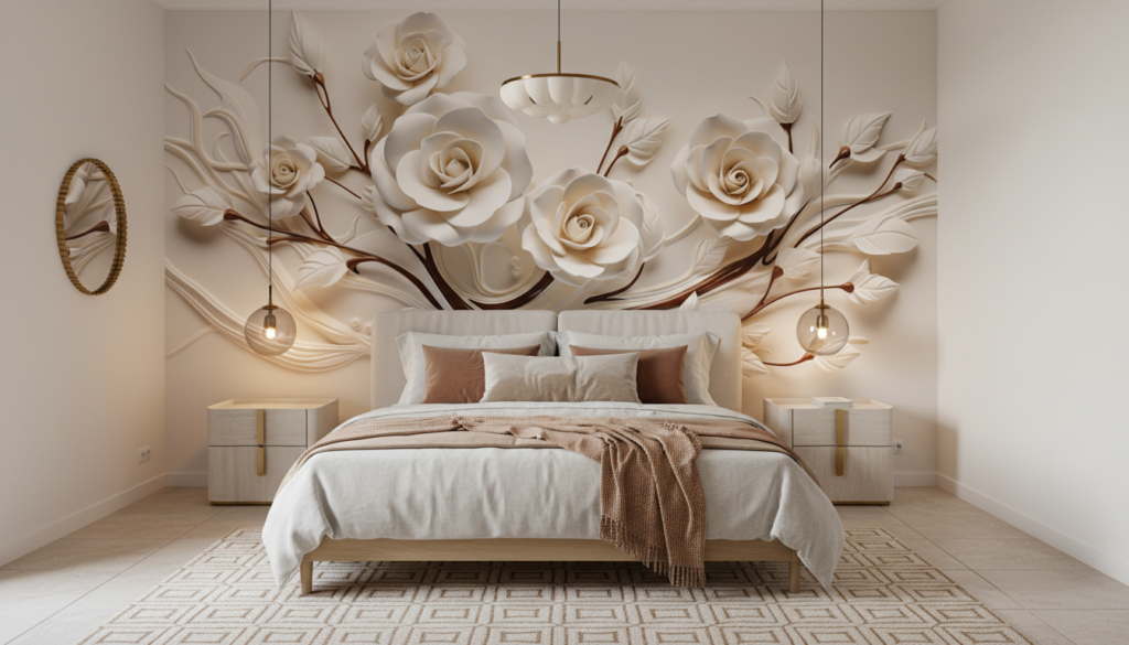 Papier peint roses blanches crème relief 3D élégant romantique - Chambre adulte