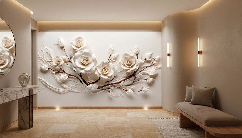 Papier peint roses blanches crème relief 3D élégant romantique - Entrée