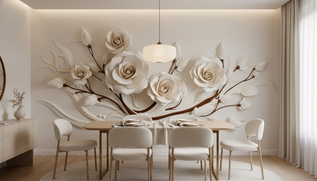Papier peint roses blanches crème relief 3D élégant romantique - Salle à manger