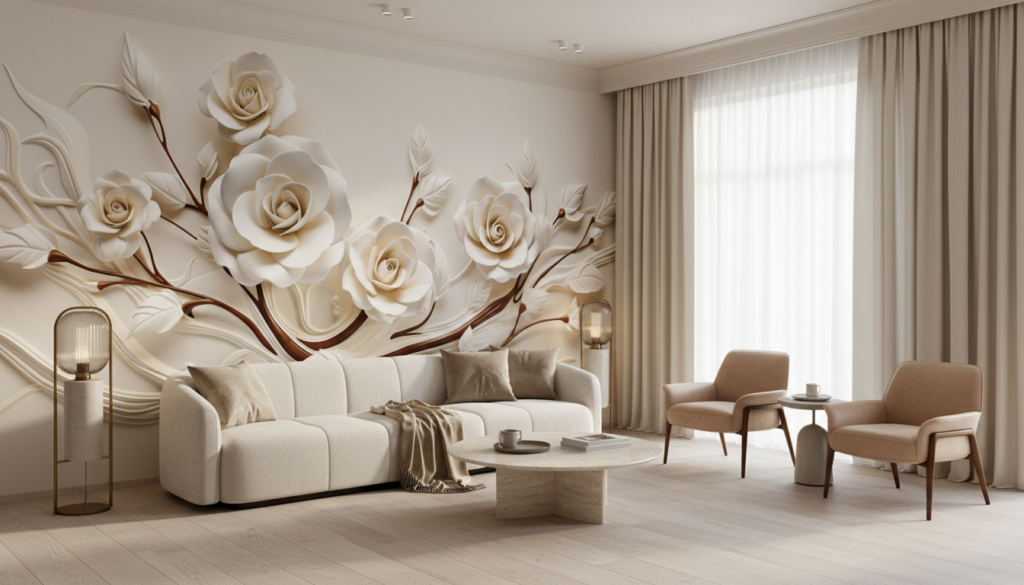 Papier peint roses blanches crème relief 3D élégant romantique - Salon / Séjour