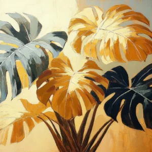 Papier peint tropical monstera aux teintes dorées et bleues