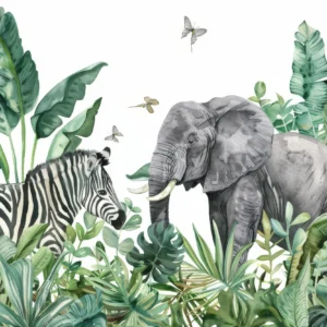 Papier Peint Safari Tropical Éléphant Zèbre Jungle Exotique Aquarelle