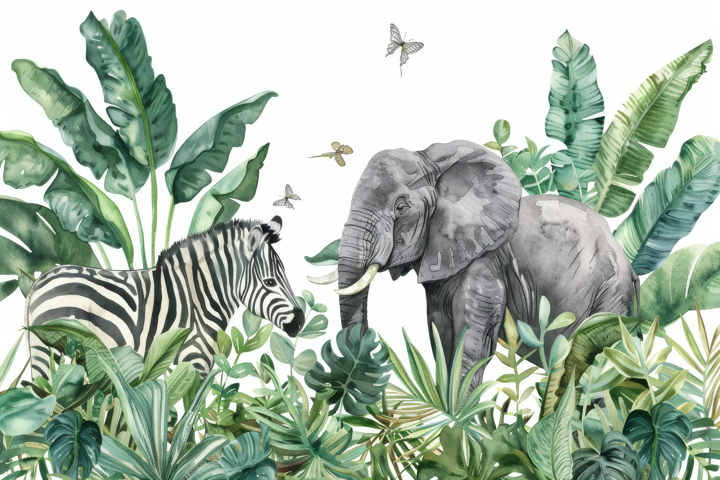 Papier Peint Safari Tropical Éléphant Zèbre Jungle Exotique Aquarelle