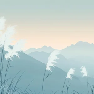 Papier peint panoramique montagnes et herbes pampas style japonais