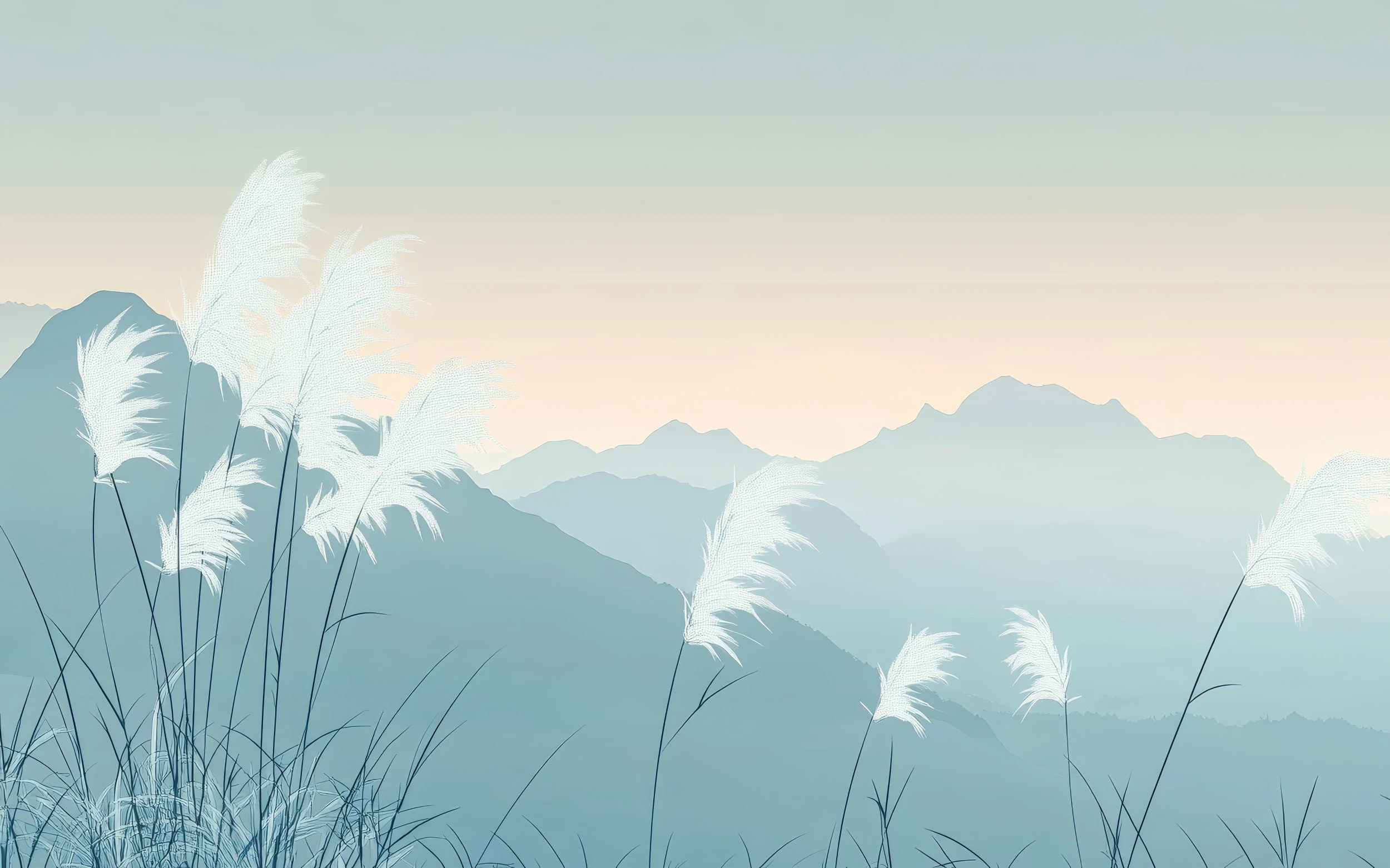 Papier peint panoramique montagnes et herbes pampas style japonais