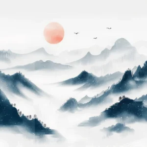 Paysage montagneux brumeux avec soleil corail style aquarelle asiatique