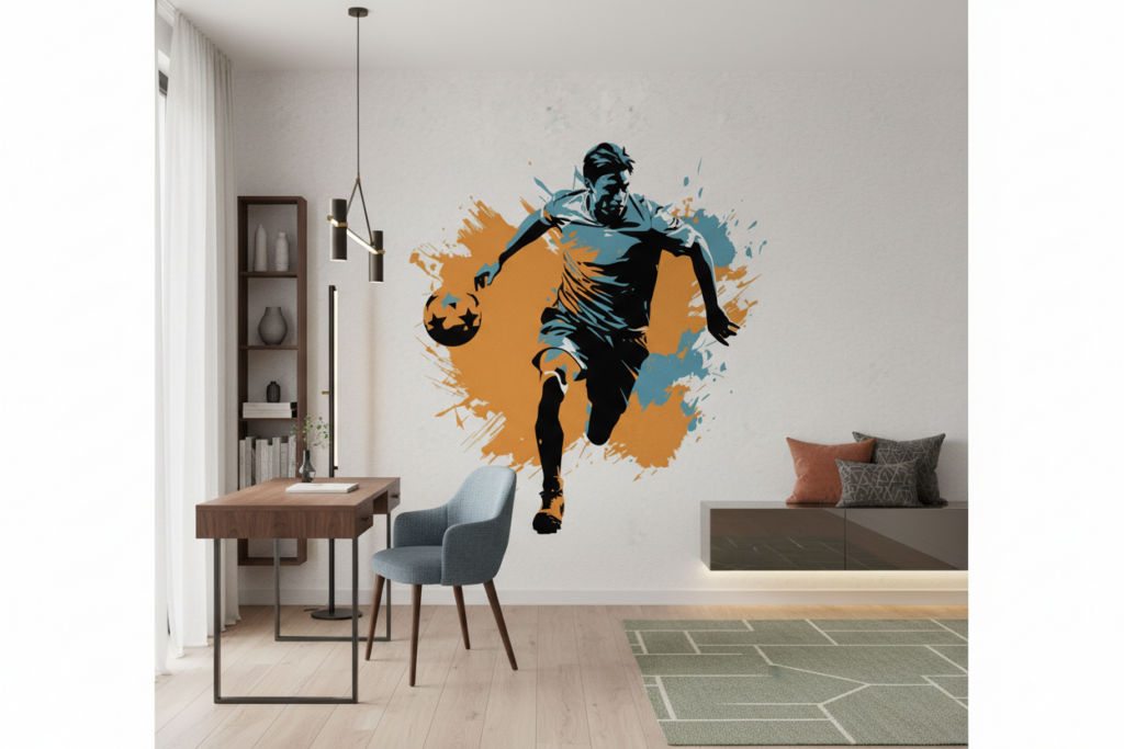 Papier Peint Sport Joueur de Football Dynamique Éclaboussures Artistiques - Bureau