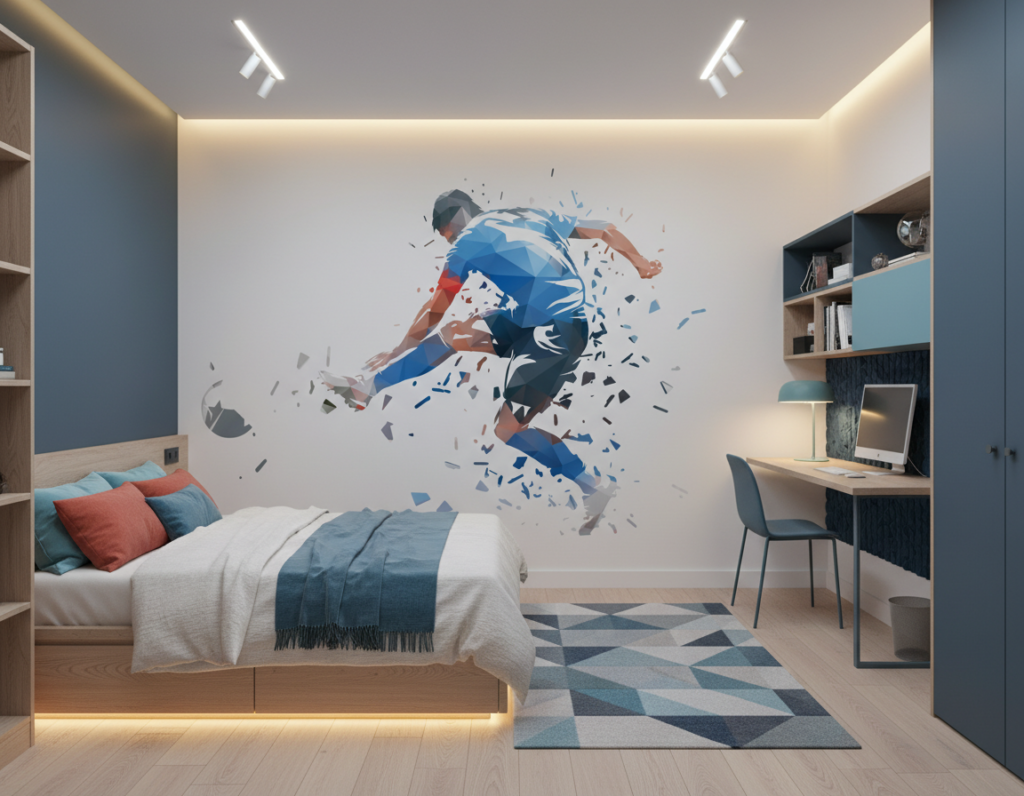 Papier Peint Sportif Runner Explosion Géométrique Bleu Rouge - Chambre ado