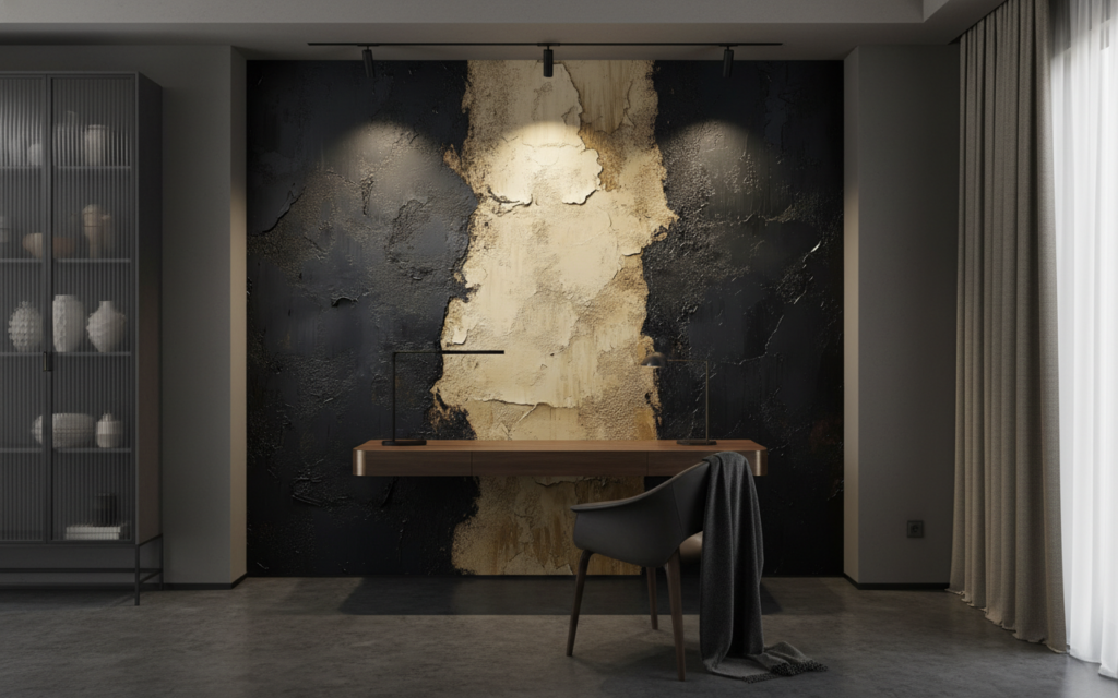 Papier Peint Texture Abstraite Noir Beige Effet Peinture Écaillée - Bureau