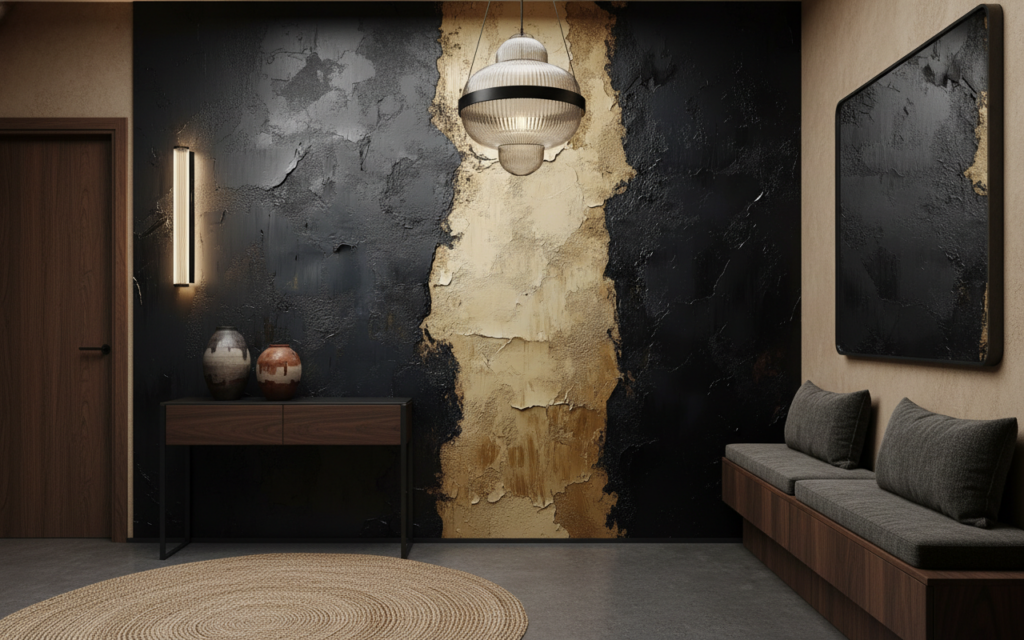 Papier Peint Texture Abstraite Noir Beige Effet Peinture Écaillée - Entrée