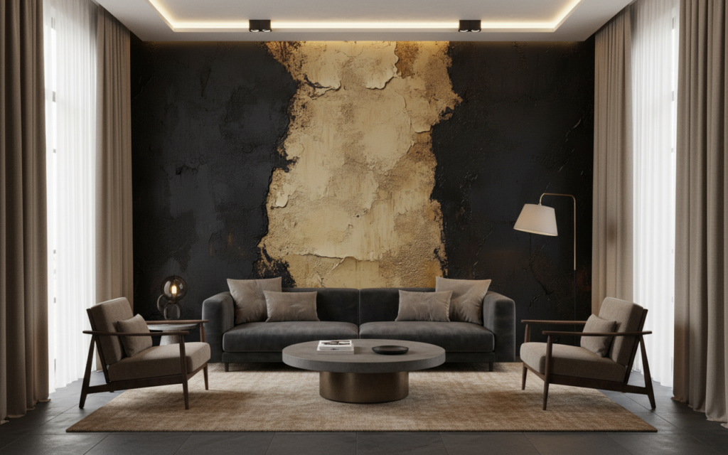 Papier Peint Texture Abstraite Noir Beige Effet Peinture Écaillée - Hôtel