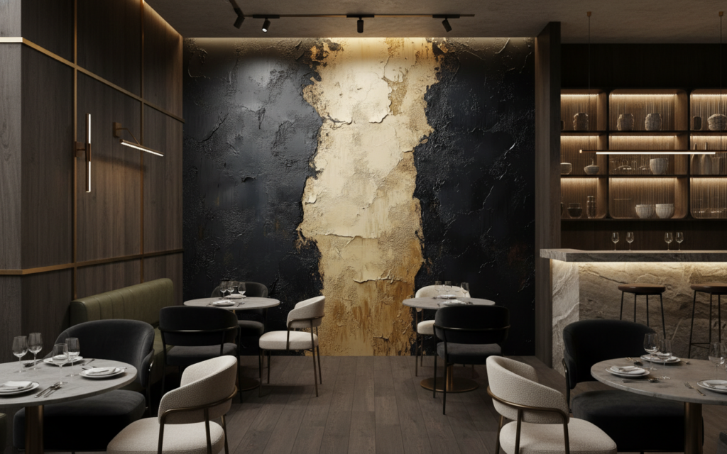 Papier Peint Texture Abstraite Noir Beige Effet Peinture Écaillée - Restaurant