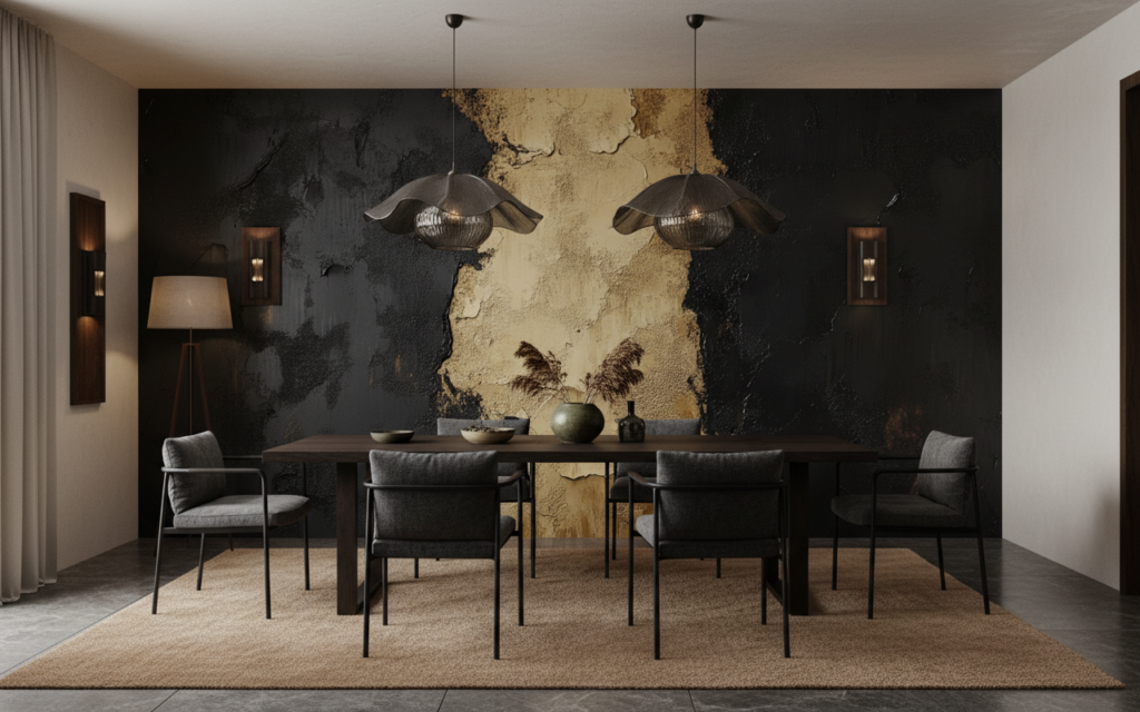 Papier Peint Texture Abstraite Noir Beige Effet Peinture Écaillée - Salle à manger