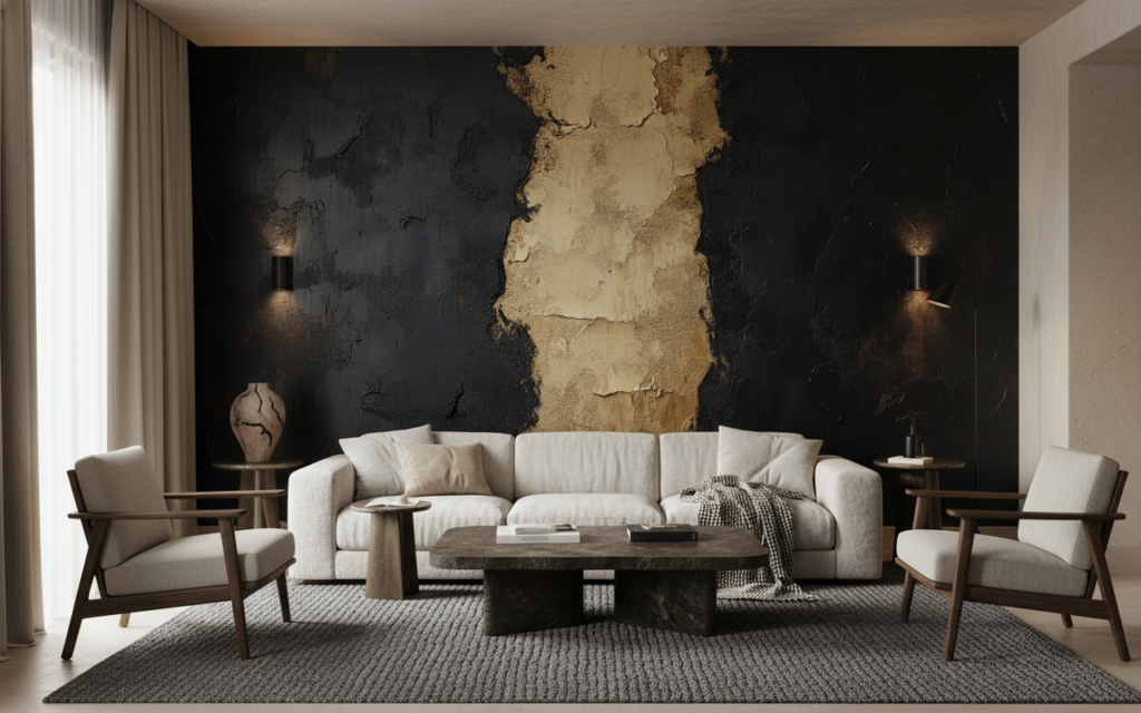 Papier Peint Texture Abstraite Noir Beige Effet Peinture Écaillée - Salon / Séjour