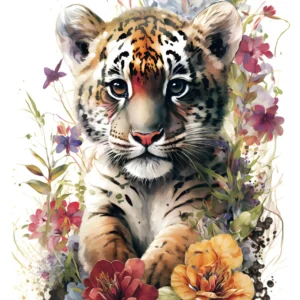 Papier Peint Tigre Aquarelle avec Couronne Florale Colorée