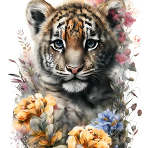 Papier peint tigre bébé aquarelle avec fleurs délicates bohème