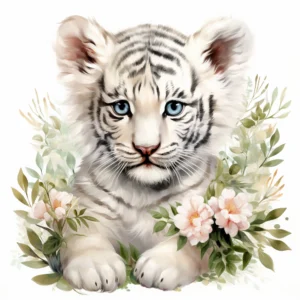 Papier Peint Tigre Blanc Bébé avec Fleurs Délicates