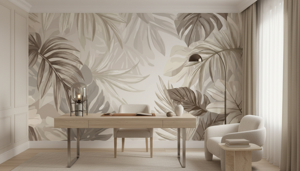 Papier peint tropical beige avec feuillages exotiques naturels vintage - Bureau