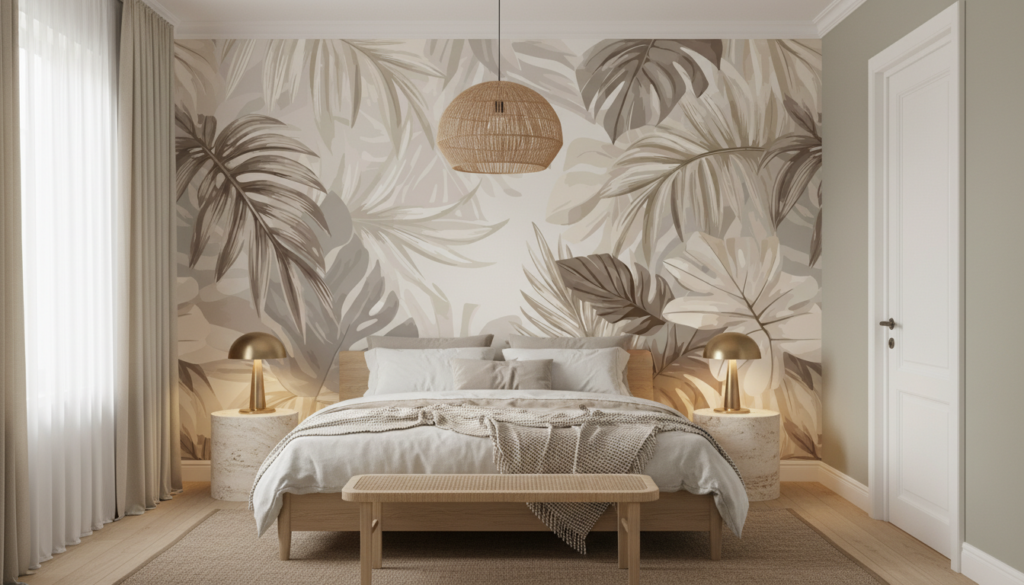 Papier peint tropical beige avec feuillages exotiques naturels vintage - Chambre adulte