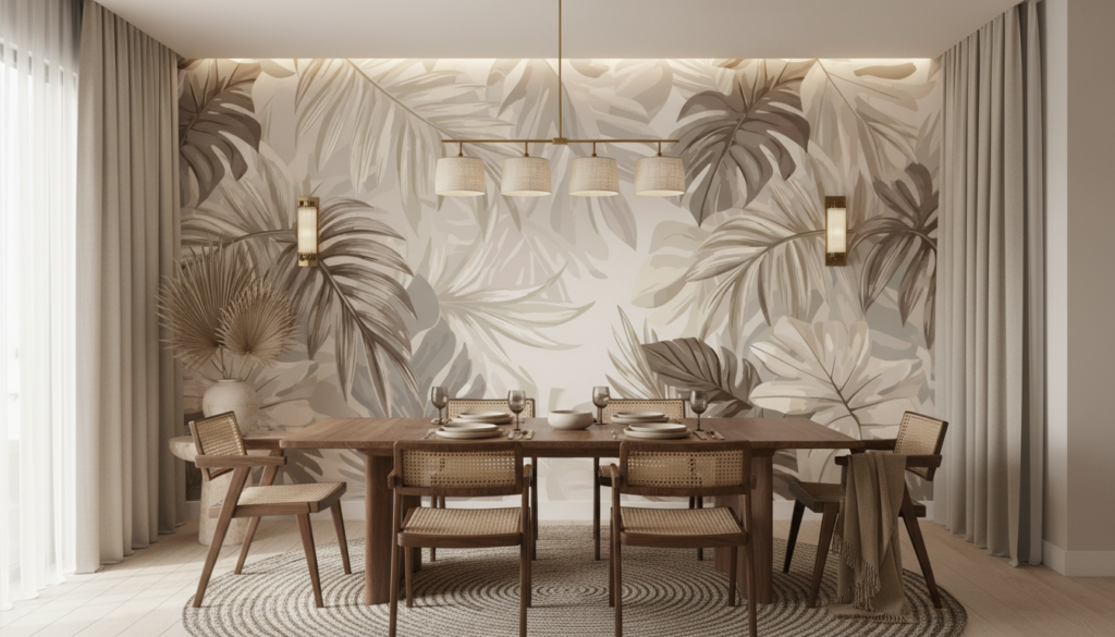 Papier peint tropical beige avec feuillages exotiques naturels vintage - Salle à manger