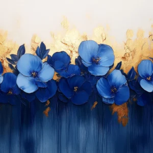 Papier peint fleurs bleues élégantes avec touches dorées luxueuses