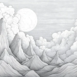 Papier Peint Paysage Montagneux Nuages Lune Style Gravure Vintage