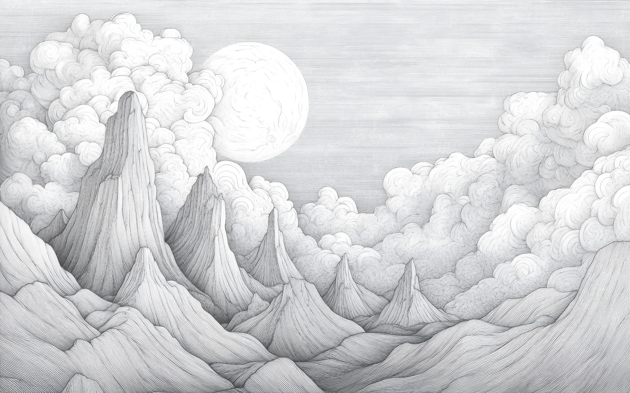 Papier Peint Paysage Montagneux Nuages Lune Style Gravure Vintage