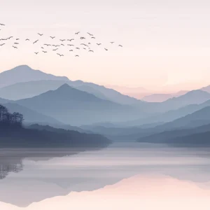 Papier peint paysage montagneux avec lac et oiseaux migrateurs