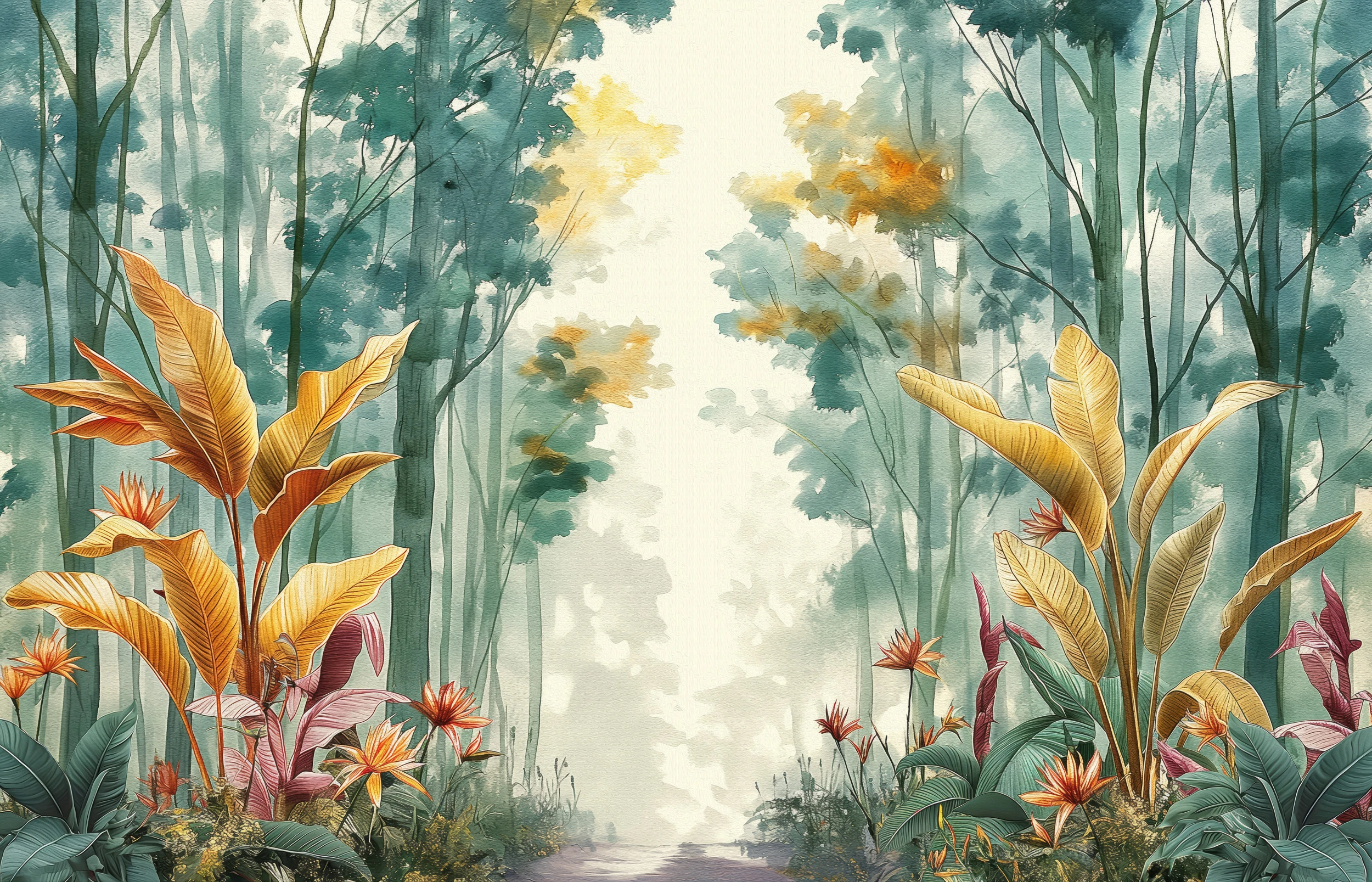 Papier Peint Forêt Tropicale Exotique aux Tons Dorés