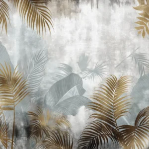 Papier peint tropical élégant feuillages dorés et gris nuagé